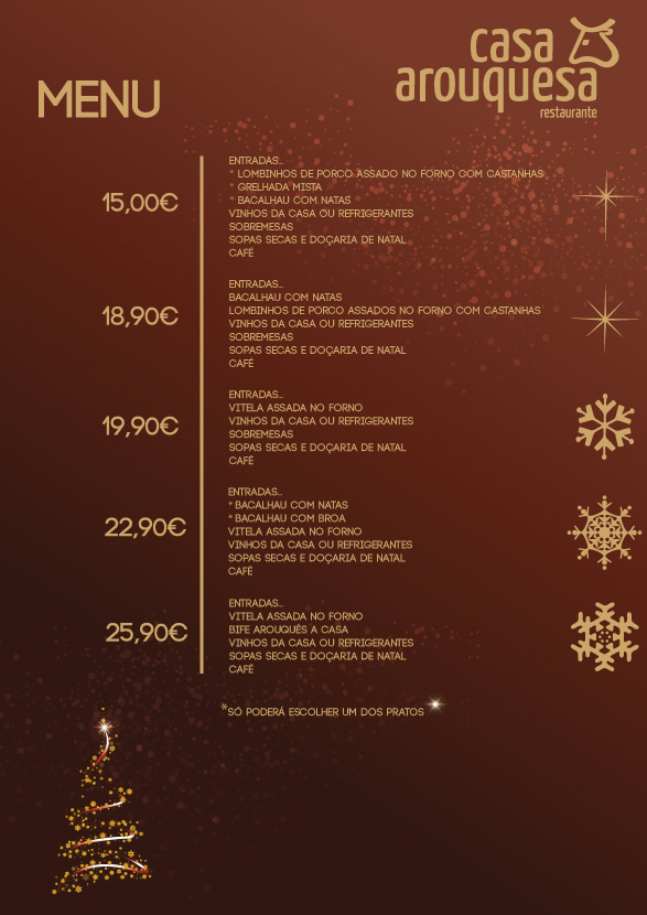 Menu de Jantar de Natal no Restaurante Casa Arouquesa